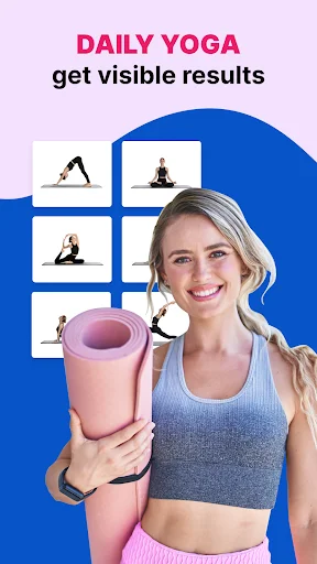 Daily Yoga app results screen featuring smiling woman with yoga mat showcasing visible fitness progress and pose thumbnails
