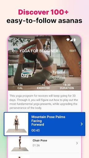 Yoga asanas collection screen with 100+ poses, showing beginner workouts including Mountain Pose and Chair Pose tutorials