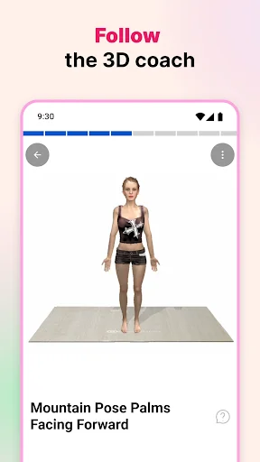 3D yoga coach interface displaying virtual trainer demonstrating Mountain Pose for guided home workout sessions